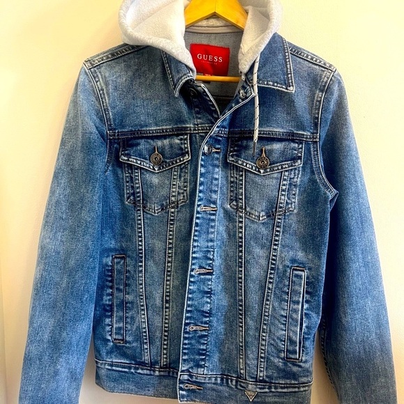 ⭐️Guess Blue Denim Jacket with Gray Hood⭐️ - Picture 5 of 13